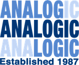 A logo in three shades of blue with 'Analogic' written three times. Underneath in dark blue 'est 1987'